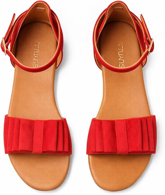 LES TULIPES Sandalo Piatto da Donna, Rosso, Camoscio, con Cinturino alla Caviglia e Dettaglio Plissé, Modello R05.56 - immagine 5
