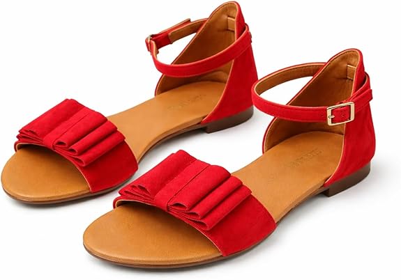 LES TULIPES Sandalo Piatto da Donna, Rosso, Camoscio, con Cinturino alla Caviglia e Dettaglio Plissé, Modello R05.56 - immagine 3