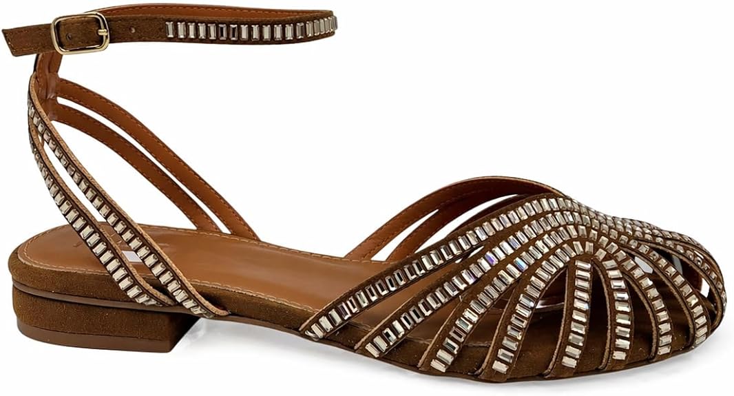 Exé - Sandali Donna Eleganti Bassi con Strass. Sandalo Flat Estivo, Punta Chiusa Intrecciata. Scarpe Sera e Cerimonia. - immagine 10