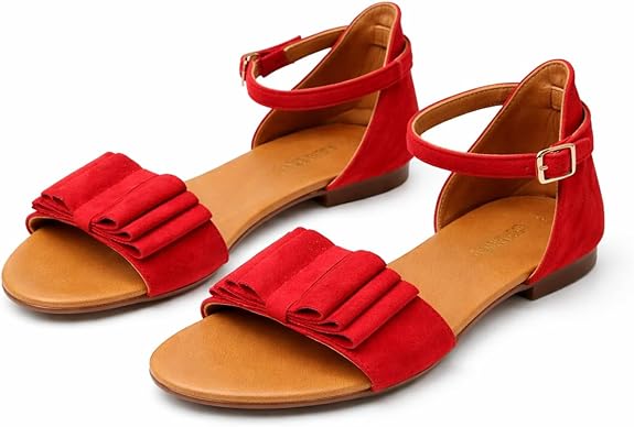 LES TULIPES Sandalo Piatto da Donna, Rosso, Camoscio, con Cinturino alla Caviglia e Dettaglio Plissé, Modello R05.56 - immagine 6