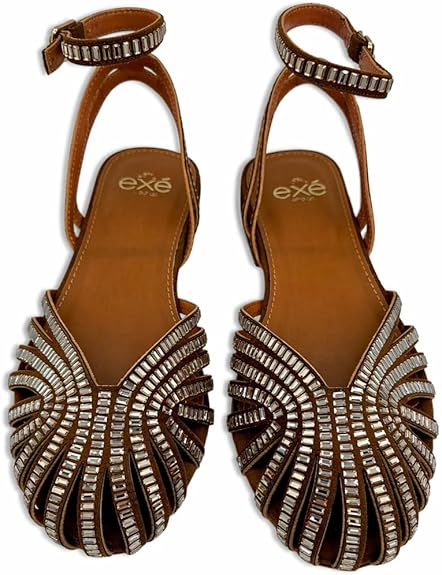 Exé - Sandali Donna Eleganti Bassi con Strass. Sandalo Flat Estivo, Punta Chiusa Intrecciata. Scarpe Sera e Cerimonia. - immagine 8