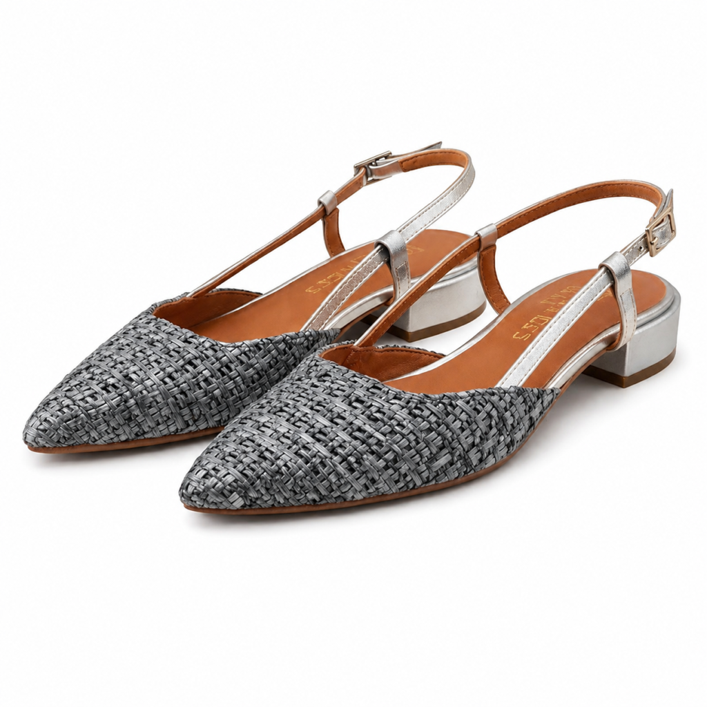 LES TULIPES Slingback in Paglia Laminata, Colore Argento, Punta Affusolata con Cinturino Regolabile