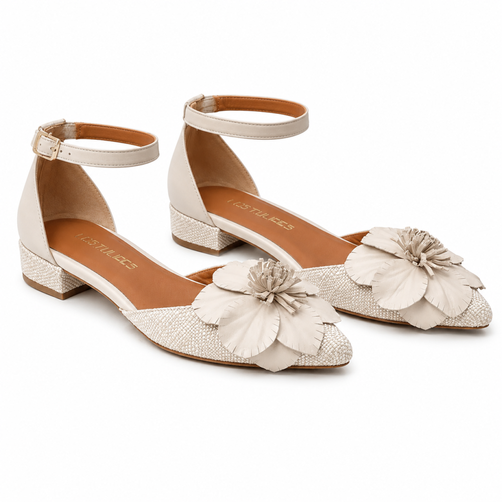 LES TULIPES Ballerine con Cinturino alla Caviglia, Art 66, Rafia Naturale e Nappa Beige, con Fiore Decorativo