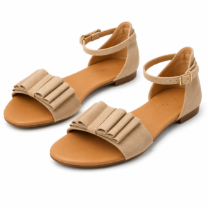LES TULIPES Sandalo Piatto da Donna in Camoscio, Colore Creta, Cinturino alla Caviglia, Dettaglio Plissé, Modello R05.56