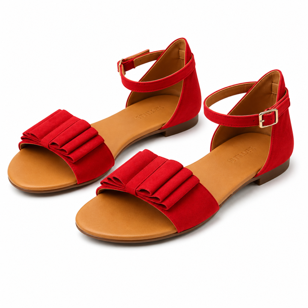 LES TULIPES Sandalo Piatto da Donna, Rosso, Camoscio, con Cinturino alla Caviglia e Dettaglio Plissé, Modello R05.56