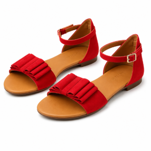 LES TULIPES Sandalo Piatto da Donna, Rosso, Camoscio, con Cinturino alla Caviglia e Dettaglio Plissé, Modello R05.56