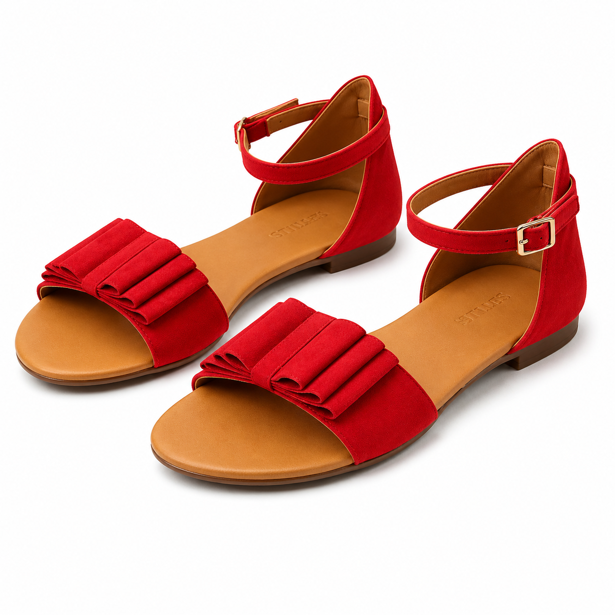 LES TULIPES Sandalo Piatto da Donna, Rosso, Camoscio, con Cinturino alla Caviglia e Dettaglio Plissé, Modello R05.56