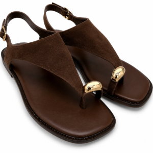 Exé - Sandalo Donna Infradito. Tomaia avvolgente in pelle scamosciata e dettaglio oro. Flat eleganti. Comfort Estivo.