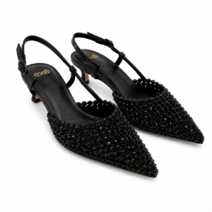 Exé - Scarpa Donna Slingback Eleganti con Strass, Punta e Tacco Medio 6,5 cm. Cinturino Regolabile. Decollettè Cerimonia e Sera.