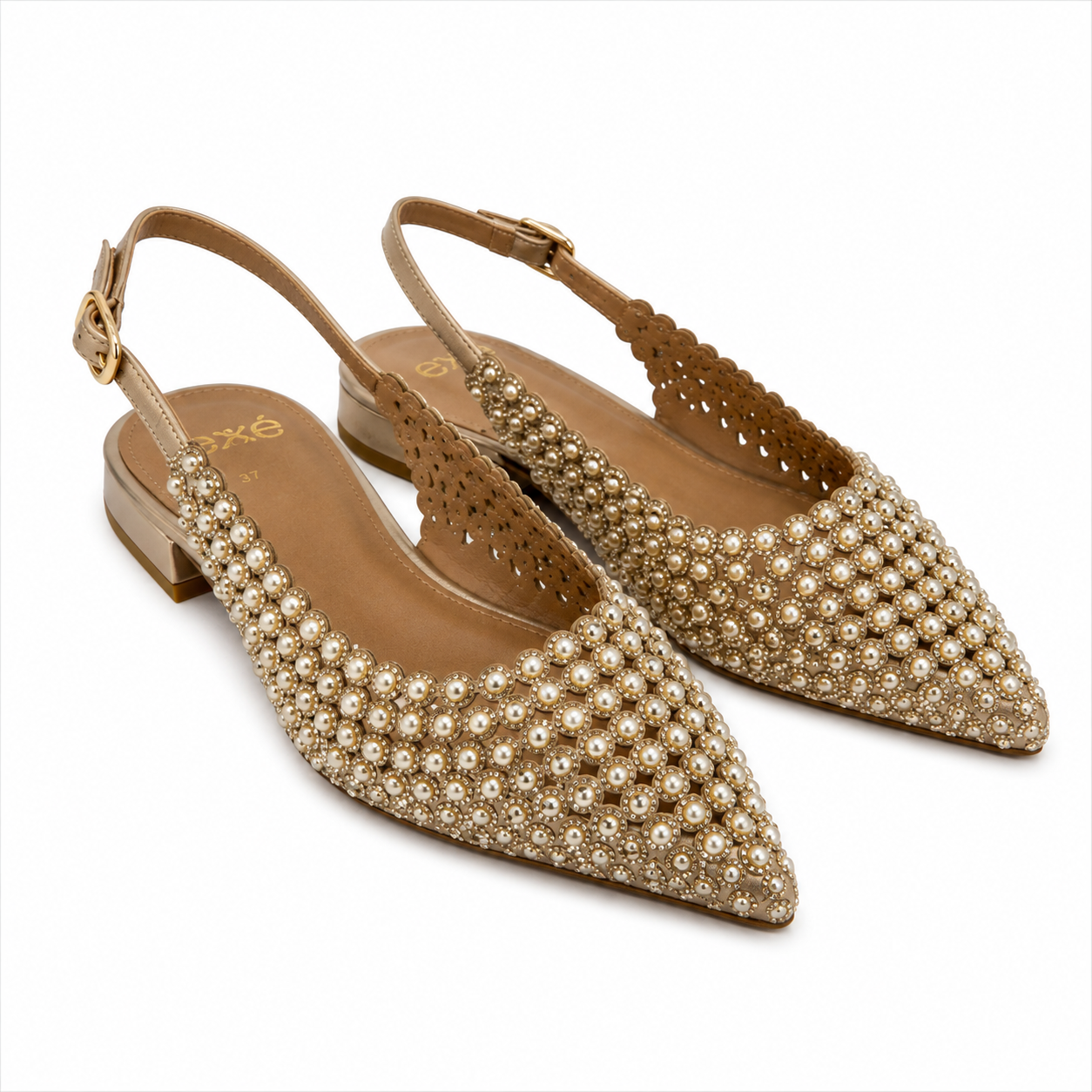 Exé - Scarpa Donna Slingback Eleganti con Strass, Tacco Basso 2 cm, Cinturino Regolabile. Decollettè Cerimonia e Sera.