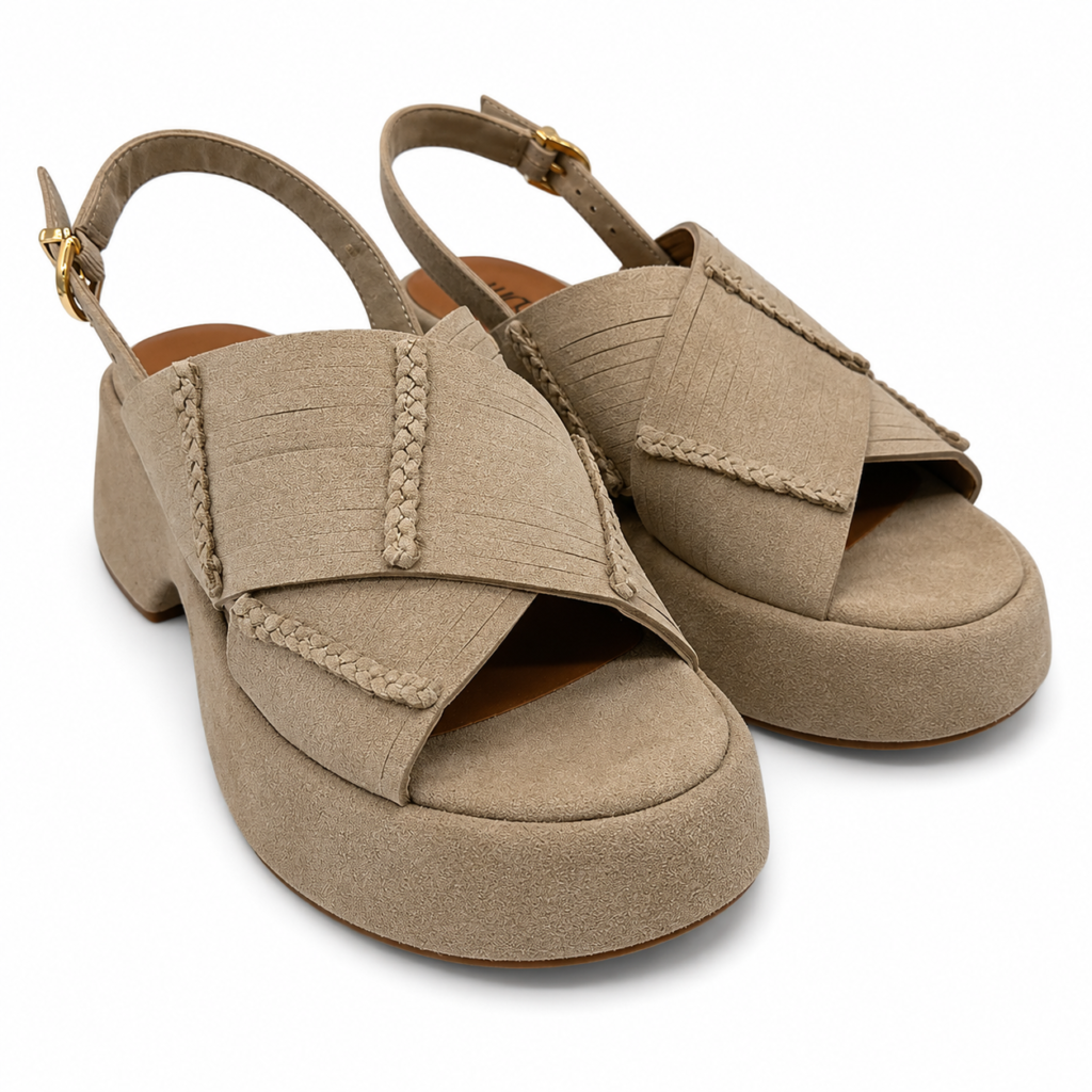 LUCIANO BARACHINI - Sandali Donna plateau con tacco largo. Pelle scamosciata e cinturino. Punta aperta. Comodi eleganti estate.