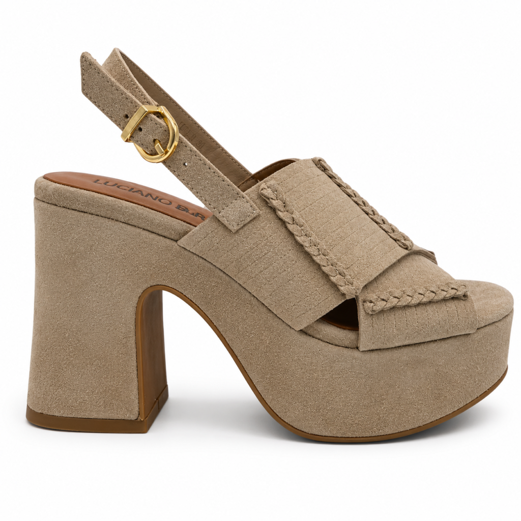 LUCIANO BARACHINI - Sandali Donna plateau con tacco largo. Pelle scamosciata e cinturino. Punta aperta. Comodi eleganti estate.