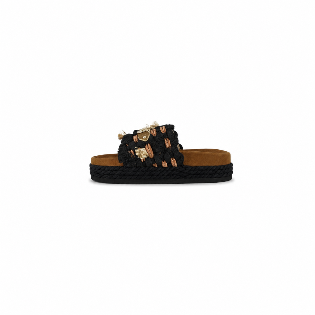 MOU - Monoband rope sandal fringes. Sandali Donna platform in tessuto intrecciato con frange. Ciabatte estive. (Nero, Sistema Taglie Calzature EU, Adulto, Donna, Numero, Media,)