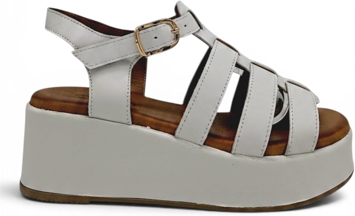 EVOCA - Sandali platform Donna con zeppa. Sandali gladiator open toe in pelle. Comfort per uso quotidiano - Bianco Latte - immagine 7