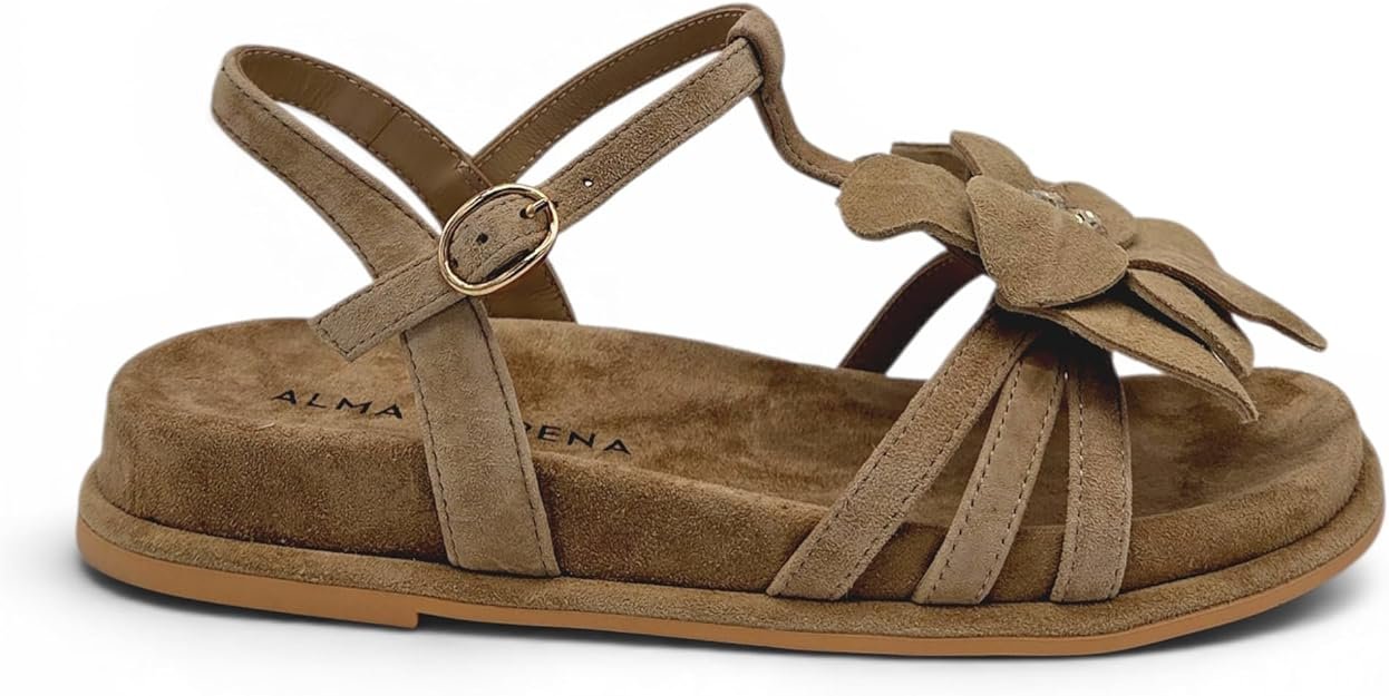 Alma en Pena - Sandalo Donna flat in pelle scamosciata. Decorazione a fiore e cinturino regolabile. Desing comodo estate. - immagine 8