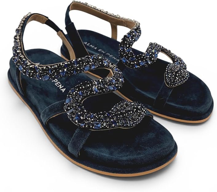 Alma en Pena - Sandalo Donna gioiello. Flat in pelle scamosciata, fasce ondulate e strass. Elegante e comodo estate. - immagine 2