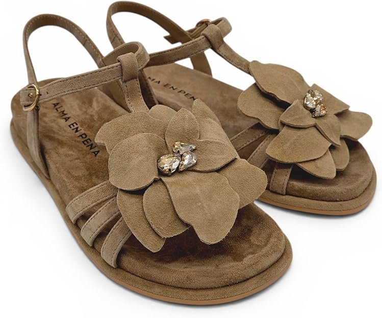 Alma en Pena - Sandalo Donna flat in pelle scamosciata. Decorazione a fiore e cinturino regolabile. Desing comodo estate. - immagine 2