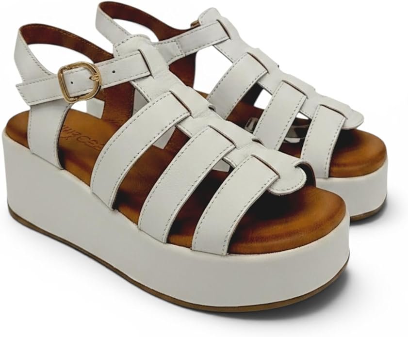 EVOCA - Sandali platform Donna con zeppa. Sandali gladiator open toe in pelle. Comfort per uso quotidiano - Bianco Latte - immagine 2