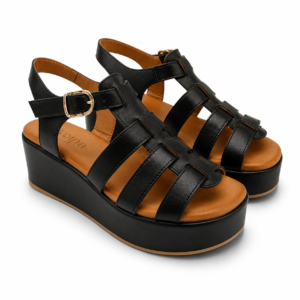 EVOCA - Sandali platform Donna con zeppa. Sandali gladiator open toe in pelle. Comfort per uso quotidiano - Nero