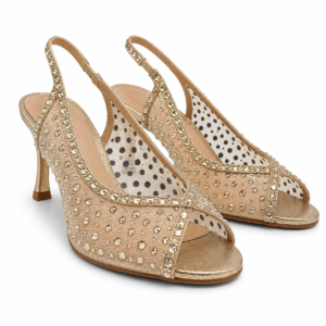 Exé - Scarpe Donna eleganti con strass e tacco alto 10,5 cm. Sandali slingback peep toe in mesh glitterato. Cerimonia e sera.