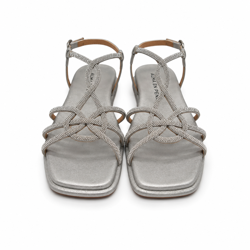 Alma en Pena - Sandalo Donna eleganti con strass e cinturino alla caviglia. Sandalo gioiello estivo casual chic.