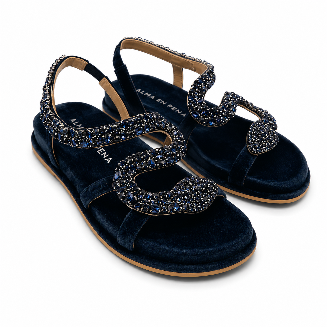 Alma en Pena - Sandalo Donna gioiello. Flat in pelle scamosciata, fasce ondulate e strass. Elegante e comodo estate.