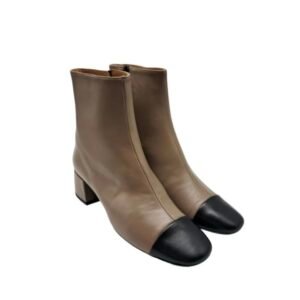 Generico Stivaletti da Donna con Tacco Blocco, Punta Cap Toe Nera, Pelle Beige Taupe - Festa