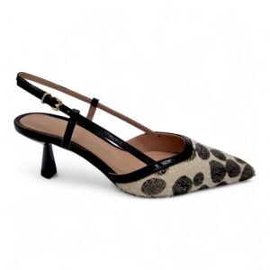 FESTA - Slingback Donna in Pelle Verniciata Lavorata. Punta Affusolata, Tacco Medio 5,5 cm, Suola in Cuoio, Manifattura Italiana.